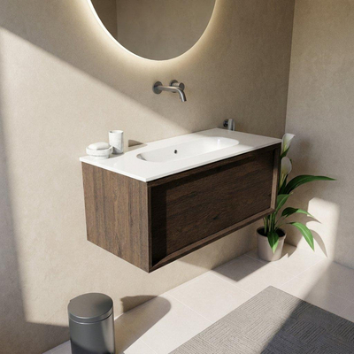 Saniclass Holz Frame Ensemble meuble de salle de bains - 100x45x53.9cm - Lavabo en céramique Chaci blanc - 1 vasque - sans trou de robinet - 1 tiroir - chêne charcoal mat (bois)