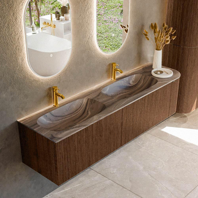 MONDIAZ KURVE-DLUX 175cm meuble de salle de bains arrondi Droit couleur Walnut avec 2 tiroirs et 1 porte. Lavabo STOR SMALL Double / Gauche 2 trous de robinet Sombra.