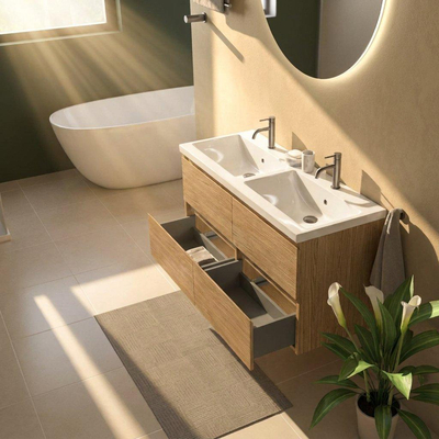 Saniclass Holz Pure Ensemble de meubles de salle de bains - 120x45x63.5cm - Lavabo en céramique Bari blanc - 2 vasques - 2 trous de robinetterie - 4 tiroirs - chêne natural mat (bois)