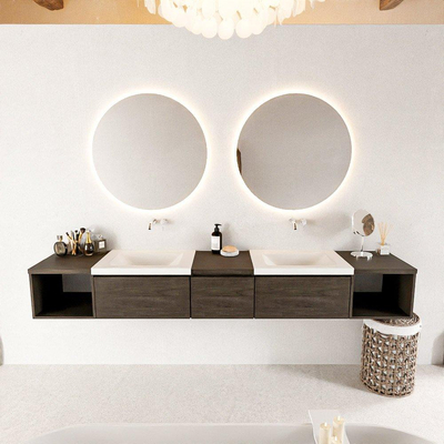 MONDIAZ BUKLA 240cm ensemble de meuble avec module ouvert 40 L+R couleur Marron Foncé avec 3 tiroirs. Lavabo CLOUD double 0 trous de robinet couleur Talc.