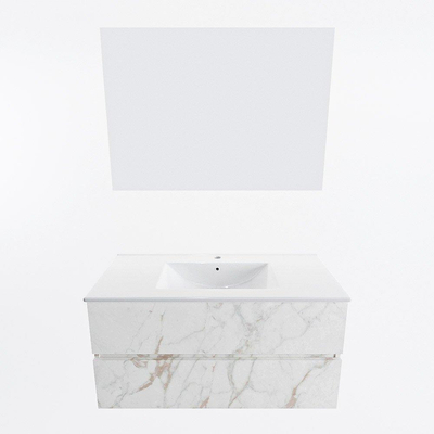 Mondiaz VICA ensemble de meuble de salle de bain - 100cm - meuble sous-vasque carrara - 2 tiroirs - lavabo denia milieu - 1 trou de robinet - couleur Blanc Brillant - miroir LED - version XL 60cm haut