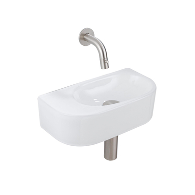QeramiQ Fuente pack lave-mains – demi-rond – 40 x 21,5 x 12 cm – céramique blanc brillant – robinet inox brossé