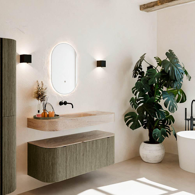 MONDIAZ THOR-DLUX 120cm badmeubel ronding links + rechts kleur Shadow met 1 lade en 2 deuren. Vrijhangende wastafel CLOUD Midden zonder kraangat kleur Saba.