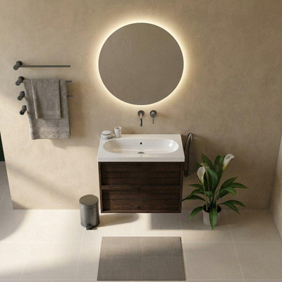 Saniclass Holz Frame Ensemble meuble de salle de bains - 80x45x63.5cm - lavabo en céramique Palermo blanc - 1 vasque - sans trou de robinetterie - 2 tiroirs - chêne charcoal mat (bois)