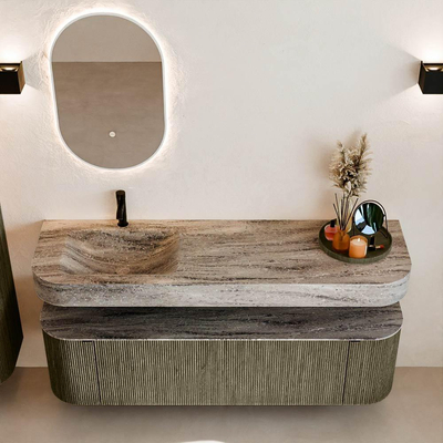 MONDIAZ THOR-DLUX 160cm meuble de salle de bains arrondi gauche + droite couleur Shadow avec 1 tiroir et 2 portes. Vasque suspendue CLOUD Gauche 1 trou de robinet couleur Oza.