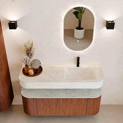 MONDIAZ THOR-DLUX 130cm meuble de salle de bains arrondi gauche + droite couleur Ruby avec 1 tiroir et 2 portes. Vasque suspendue CLOUD Droite 1 trou de robinet couleur Opalo.