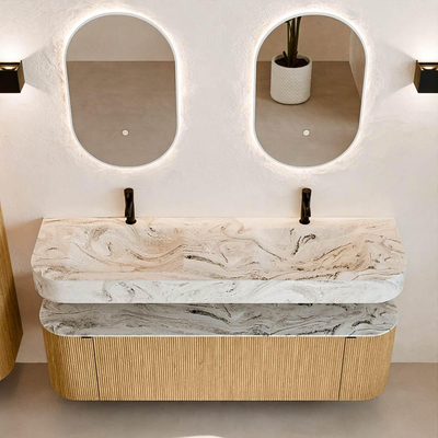 MONDIAZ THOR-DLUX 160cm badmeubel ronding links + rechts kleur Oak met 1 lade en 2 deuren. Vrijhangende wastafel CLOUD Dubbel 2 kraangaten kleur Glace.