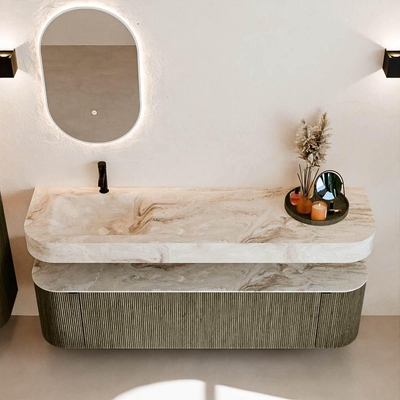 MONDIAZ THOR-DLUX 170cm meuble de salle de bains arrondi gauche + droite couleur Shadow avec 1 tiroir et 2 portes. Vasque suspendue CLOUD Gauche 1 trou de robinet couleur Frappe.