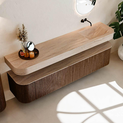 MONDIAZ THOR-DLUX 200cm badmeubel ronding links + rechts kleur Walnut met 2 lades en 2 deuren. Vrijhangende wastafel CLOUD Rechts zonder kraangat kleur Saba.