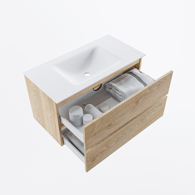 Mondiaz VICA ensemble de meuble de salle de bain - 90cm - meuble sous-vasque chêne blanchi - 2 tiroirs - lavabo nuage milieu - sans trous de robinet - version haute 60cm - talc