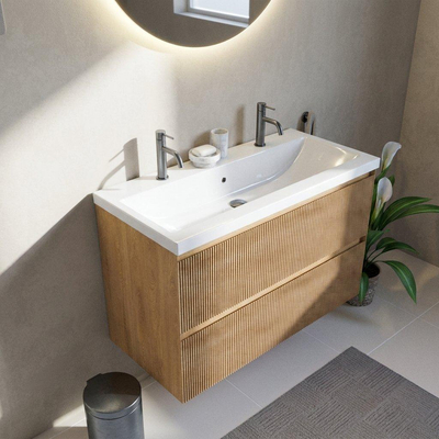 Saniclass Holz Atelier Ensemble de meubles de salle de bains - 100x45x63.5cm - Lavabo Bari en céramique blanc - 1 vasque - 2 trous de robinet - 2 tiroirs - chêne natural mat (bois)