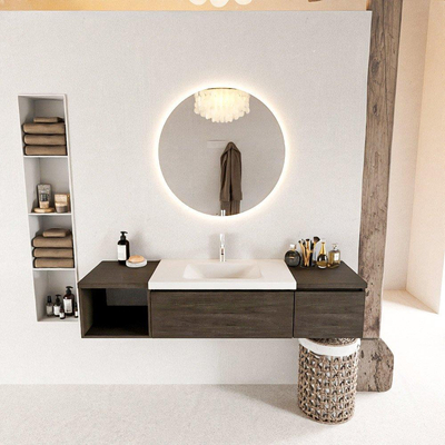 MONDIAZ BUKLA 160cm meuble de salle de bain avec module ouvert 40 à gauche couleur Marron Foncé avec 2 tiroirs. Lavabo CLOUD centre 1 trou de robinet couleur Talc.