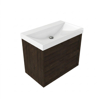 Saniclass Holz Frame Ensemble meuble de salle de bains - 80x45x67.5cm - lavabo Wave en céramique - 1 vasque - sans trou de robinet - 2 tiroirs - chêne charcoal mat (bois)