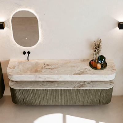 MONDIAZ THOR-DLUX 190cm meuble de salle de bains arrondi gauche + droite couleur Shadow avec 2 tiroirs et 2 portes. Vasque suspendue CLOUD gauche sans trou de robinet couleur Frappe.