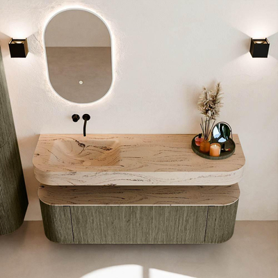 MONDIAZ THOR-DLUX 150cm meuble de salle de bains arrondi gauche + droite couleur Shadow avec 1 tiroir et 2 portes. Vasque suspendue CLOUD Gauche sans trou de robinet couleur Arena.