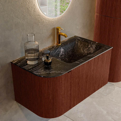 Mondiaz KURVE-DLUX Badkamermeubelset - 85x46x40cm - 1 lade - 1 deur - wastafel solid surface - rechts - 1 kraangat - Ruby