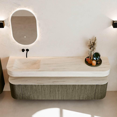 MONDIAZ THOR-DLUX Meuble de salle de bains 190cm arrondi gauche + droite couleur Shadow avec 2 tiroirs et 2 portes. Vasque suspendue CLOUD Gauche sans trou de robinet couleur Meli.