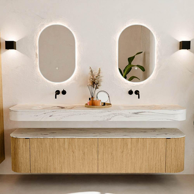 MONDIAZ THOR-DLUX 200cm meuble de salle de bains arrondi gauche + droite couleur Chêne avec 2 tiroirs et 2 portes. Vasque suspendue CLOUD Double sans trou de robinet couleur Nata.