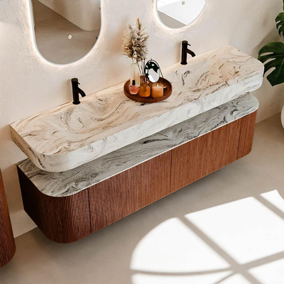 MONDIAZ THOR-DLUX Meuble de salle de bains 180cm arrondi gauche + droite couleur Ruby avec 2 tiroirs et 2 portes. Vasque suspendue CLOUD Double 2 trous de robinet couleur Glace.