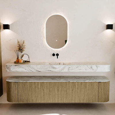 MONDIAZ THOR-DLUX 200cm meuble de salle de bains arrondi gauche + droite couleur Dusk avec 2 tiroirs et 2 portes. Vasque suspendue CLOUD Centre sans trou de robinet couleur Glace.