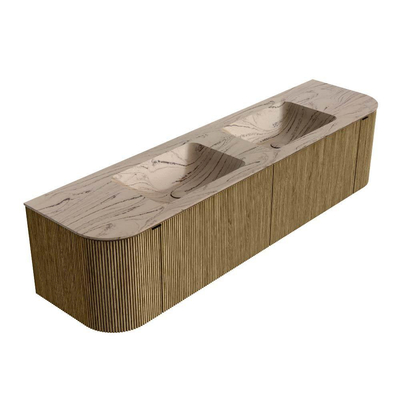 MONDIAZ KURVE-DLUX Meuble de salle de bains 180cm arrondi Gauche + Droite couleur Dusk avec 2 tiroirs et 2 portes. Lavabo LEAF Double 2 trous de robinet Arena.