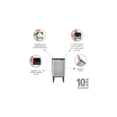 Brabantia Bo Hi Poubelle - 4 litres - seau intérieur en plastique - acier mat anti-traces de doigts