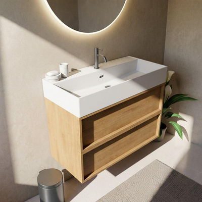 Saniclass Holz Frame Ensemble meuble de salle de bains - 100x45x72cm - lavabo Legend en céramique blanc mat - 1 vasque - 1 trou de robinet - 2 tiroirs - chêne naturel mat (bois)