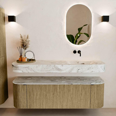 MONDIAZ THOR-DLUX 150cm meuble de salle de bains arrondi gauche + droite couleur Dusk avec 1 tiroir et 2 portes. Vasque suspendue CLOUD Droite sans trou de robinet couleur Glace.