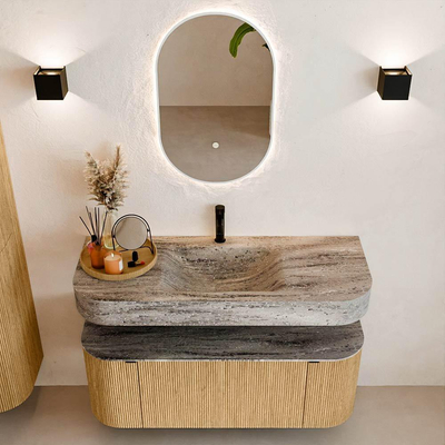 MONDIAZ THOR-DLUX 120cm meuble de salle de bains arrondi gauche + droite couleur Oak avec 1 tiroir et 2 portes. Vasque suspendue CLOUD Milieu 1 trou de robinet couleur Oza.