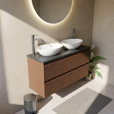 Saniclass Holz Atelier Ensemble meuble de salle de bains - 120x45x63cm - Plan vasque en basalte Noche poli (noir) - 2 trous de robinet - 2 tiroirs - walnut pure mat (bois)