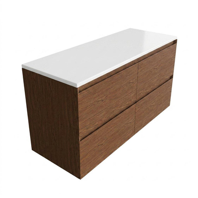 Saniclass Holz Pure Ensemble de meubles de salle de bains - 120x45x62.5cm - Plan de toilette Torino en solid surface blanc - sans trou de robinet - 4 tiroirs - walnut pure mat (bois)