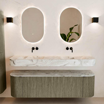 MONDIAZ THOR-DLUX 160cm meuble de salle de bains arrondi gauche + droite couleur Shadow avec 1 tiroir et 2 portes. Vasque suspendue CLOUD Double sans trou de robinet couleur Glace.