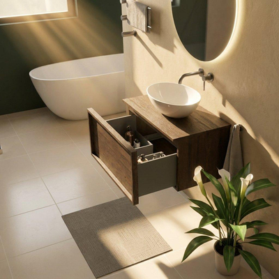 Saniclass Holz Frame Ensemble de meubles de salle de bains - 80x45x42cm - plan de toilette en bois - sans trou de robinetterie - 1 tiroir - chêne charcoal mat (bois)