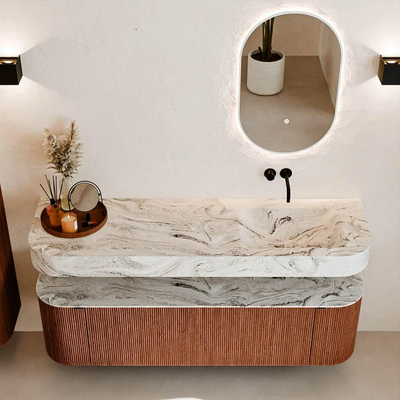 MONDIAZ THOR-DLUX 160cm meuble de salle de bains arrondi gauche + droite couleur Ruby avec 1 tiroir et 2 portes. Vasque suspendue CLOUD Droite sans trou de robinet couleur Glace.