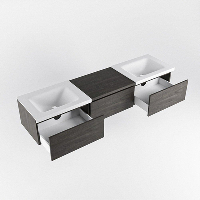 MONDIAZ BUKLA meuble de salle de bain 180 cm avec module 60 couleur Marron Foncé avec 3 tiroirs. Lavabo CLOUD double 2 trous de robinet couleur Talc.