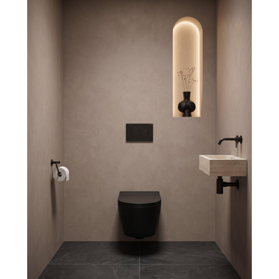 QeramiQ Dely Ensemble WC - 36.3x51.7cm - chasse profonde - sans bride - réservoir encastré Geberit UP720 - abattant WC à fermeture amortie - 35mm - plaque de commande en plastique noir mat - boutons ronds - noir mat