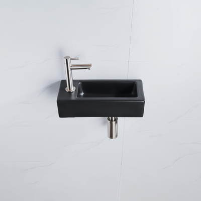 FugaFlow Efficiente Ensemble fontaine Pietra - 37,5x18,5x9cm - céramique - trou de robinet à gauche - robinet de fontaine en inox brossé - bouchon de vidange - siphon abaissé - Noir mat