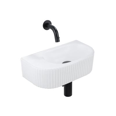 QeramiQ Fuente Ensemble de Lavabo - 40x21.5x12cm - strié - demi-rond - céramique - ensemble de robinet noir mat - bouchon de vidange - siphon abaissé - blanc mat