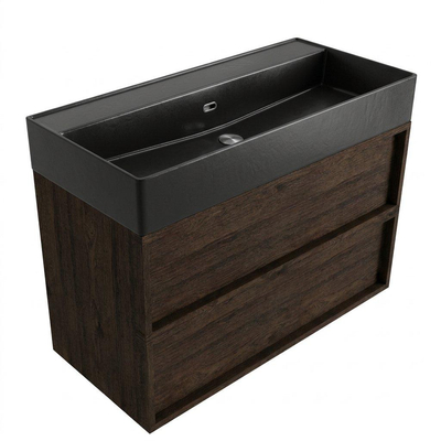 Saniclass Holz Frame Ensemble meuble de salle de bains - 100x45x72cm - Legend lavabo en céramique noir mat - 1 vasque - sans trou de robinetterie - 2 tiroirs - chêne charcoal mat (bois)