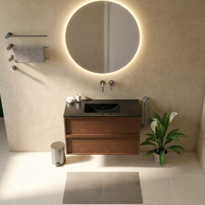 Saniclass Holz Frame Ensemble meuble de salle de bains - 100x45x62cm - Vygo lavabo en céramique noir - 1 vasque - sans trou de robinetterie - 2 tiroirs - mat walnut pure (bois)