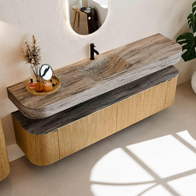 MONDIAZ THOR-DLUX Meuble de salle de bains - 190cm - arrondi gauche + droite - couleur Oak - 2 tiroirs et 2 portes - Vasque suspendue CLOUD Centre 1 trou de robinet couleur Oza