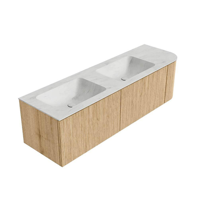 MONDIAZ KURVE-DLUX 155cm Meuble salle de bain avec module 25 D - couleur Oak - 2 tiroirs - 1 porte - vasque LEAF double / gauche - sans trou de robinet - couleur Opalo