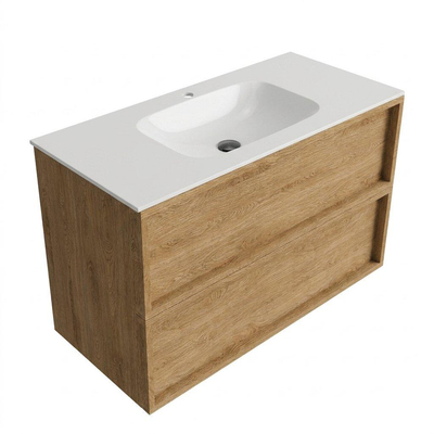 Saniclass Holz Frame Ensemble de meubles de salle de bains - 100x45x61.5cm - Flow lavabo en solid surface blanc - 1 vasque - 1 trou de robinetterie - 2 tiroirs - chêne natural mat (bois)