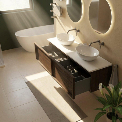 Saniclass Holz Frame Ensemble meuble de salle de bains - 160x45x42.5cm - plan de toilette Torino en solid surface blanc - sans trou de robinet - 2 tiroirs - chêne charcoal mat (bois)