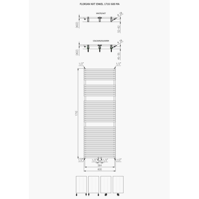 Plieger Florian Nxt Radiateur design simple horizontal 171x60cm 1065W connexion au centre blanc