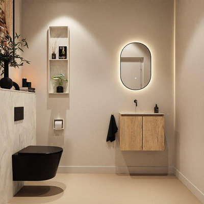 MONDIAZ TURE-DLUX Meuble toilette - 60cm - Washed Oak - EDEN - vasque Ostra - position gauche - sans trou de robinet