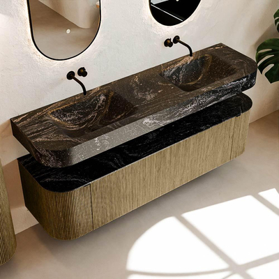 MONDIAZ THOR-DLUX 170cm meuble de salle de bains arrondi gauche + droite couleur Dusk avec 1 tiroir et 2 portes. Vasque suspendue CLOUD Double sans trou de robinet couleur Lava.