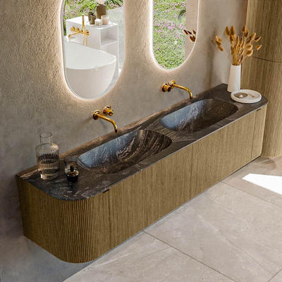 Mondiaz KURVE-DLUX Badkamermeubelset - 190x46x40cm - 2 lade - 2 deuren - wastafel solid surface - dubbel - zonder kraangat - Dusk
