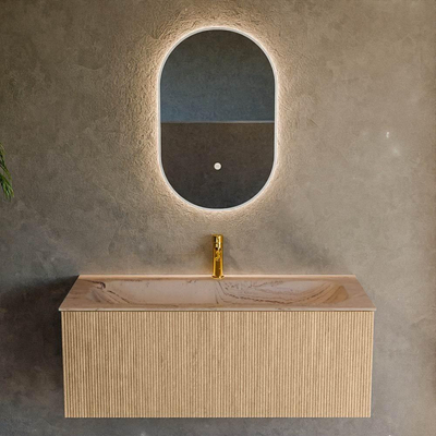 MONDIAZ KURVE-DLUX 110cm badmeubel kleur Oak met 1 lade en 0 deuren. Wastafel BIG MEDIUM Midden 1 kraangat Arena.