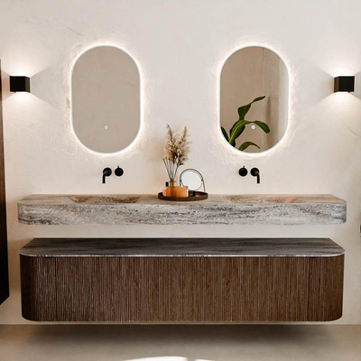 MONDIAZ THOR-DLUX 200cm meuble de salle de bains arrondi gauche + droite couleur Walnut avec 2 tiroirs et 2 portes. Vasque suspendue CLOUD Double sans trou de robinet couleur Oza.